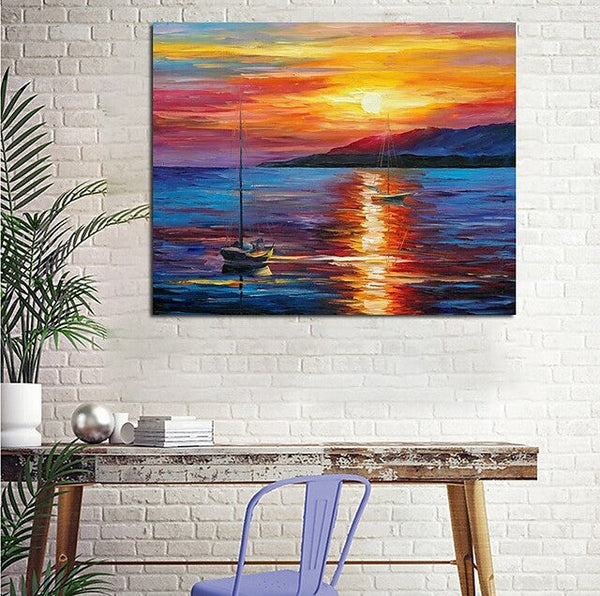 Boat Paintings, Simple Modern Art, Paintings for Living Room, Sunrise Painting, landscape Canvas Painting, Hand Painted Canvas Painting-Art Painting Canvas