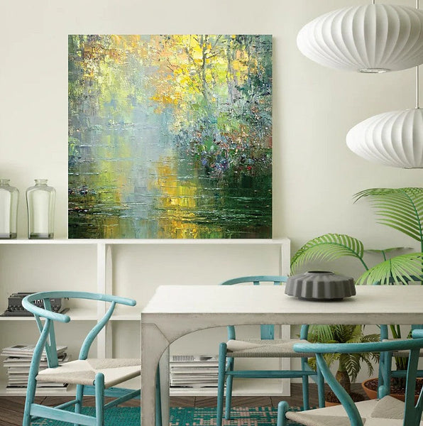 Abstract Landscape Painting, Forest Tree by the River, Landscape Canvas Painting, Simple Modern Wall Art Paintings for Living Room, Large Landscape Paintings-Art Painting Canvas