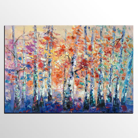 Palette Knife Paintings, Autumn Tree Landscape Paintings, Custom Canvas Painting for Dining Room, Landscape Canvas Paintings, Heavy Texture Painting-Art Painting Canvas