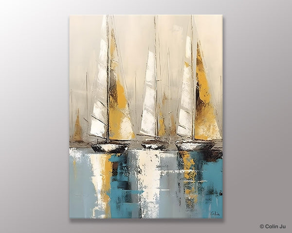 Large Painting Ideas for Living Room, Large Original Canvas Art for Bedroom, Sail Boat Canvas Painting, Modern Abstract Wall Art Paintings-Art Painting Canvas