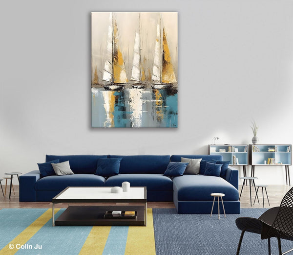 Large Painting Ideas for Living Room, Large Original Canvas Art for Bedroom, Sail Boat Canvas Painting, Modern Abstract Wall Art Paintings-Art Painting Canvas