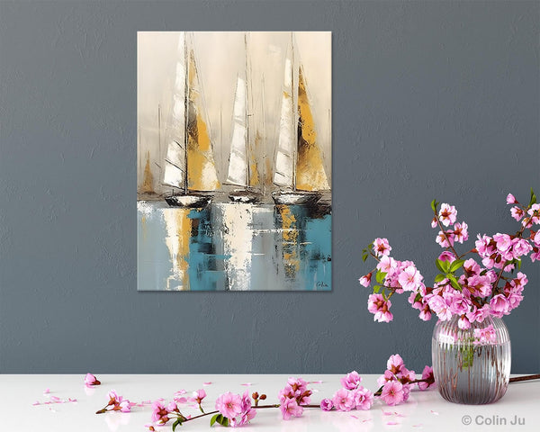 Large Painting Ideas for Living Room, Large Original Canvas Art for Bedroom, Sail Boat Canvas Painting, Modern Abstract Wall Art Paintings-Art Painting Canvas