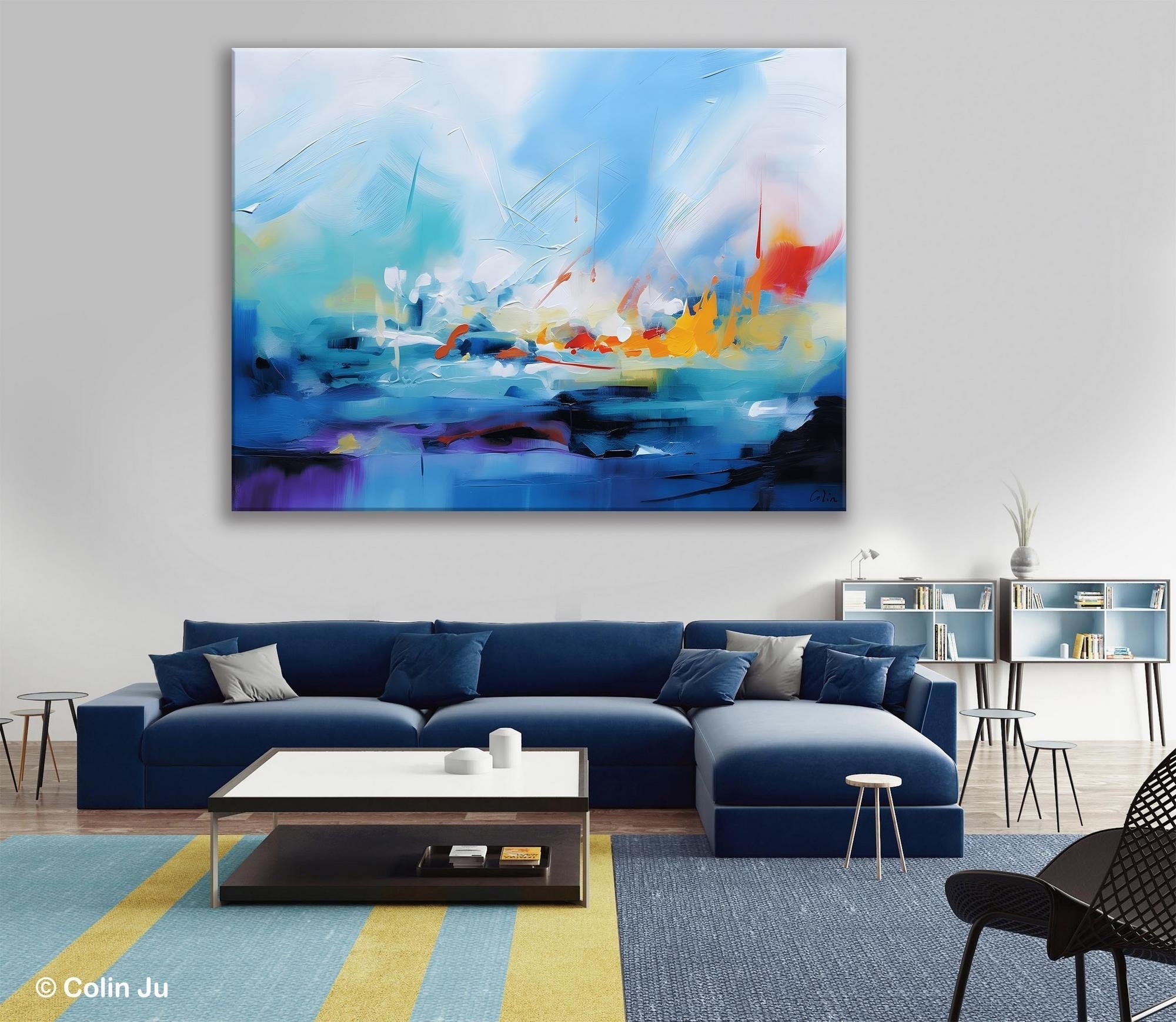 Hand Painted Canvas Art, Blue Original Wall Art Painting for Bedroom, Extra Large Modern Canvas Paintings, Acrylic Paintings on Canvas-Art Painting Canvas