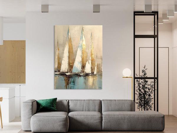 Sail Boat Abstract Painting, Landscape Canvas Paintings for Dining Room, Acrylic Painting on Canvas, Original Landscape Abstract Painting-Art Painting Canvas