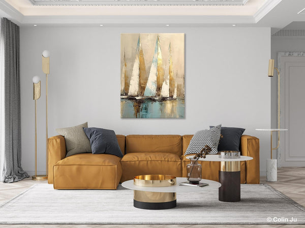 Sail Boat Abstract Painting, Landscape Canvas Paintings for Dining Room, Acrylic Painting on Canvas, Original Landscape Abstract Painting-Art Painting Canvas