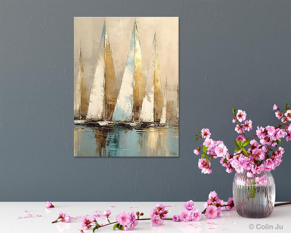 Sail Boat Abstract Painting, Landscape Canvas Paintings for Dining Room, Acrylic Painting on Canvas, Original Landscape Abstract Painting-Art Painting Canvas