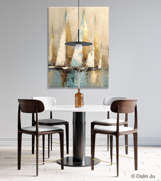 Sail Boat Abstract Painting, Landscape Canvas Paintings for Dining Room, Acrylic Painting on Canvas, Original Landscape Abstract Painting-Art Painting Canvas