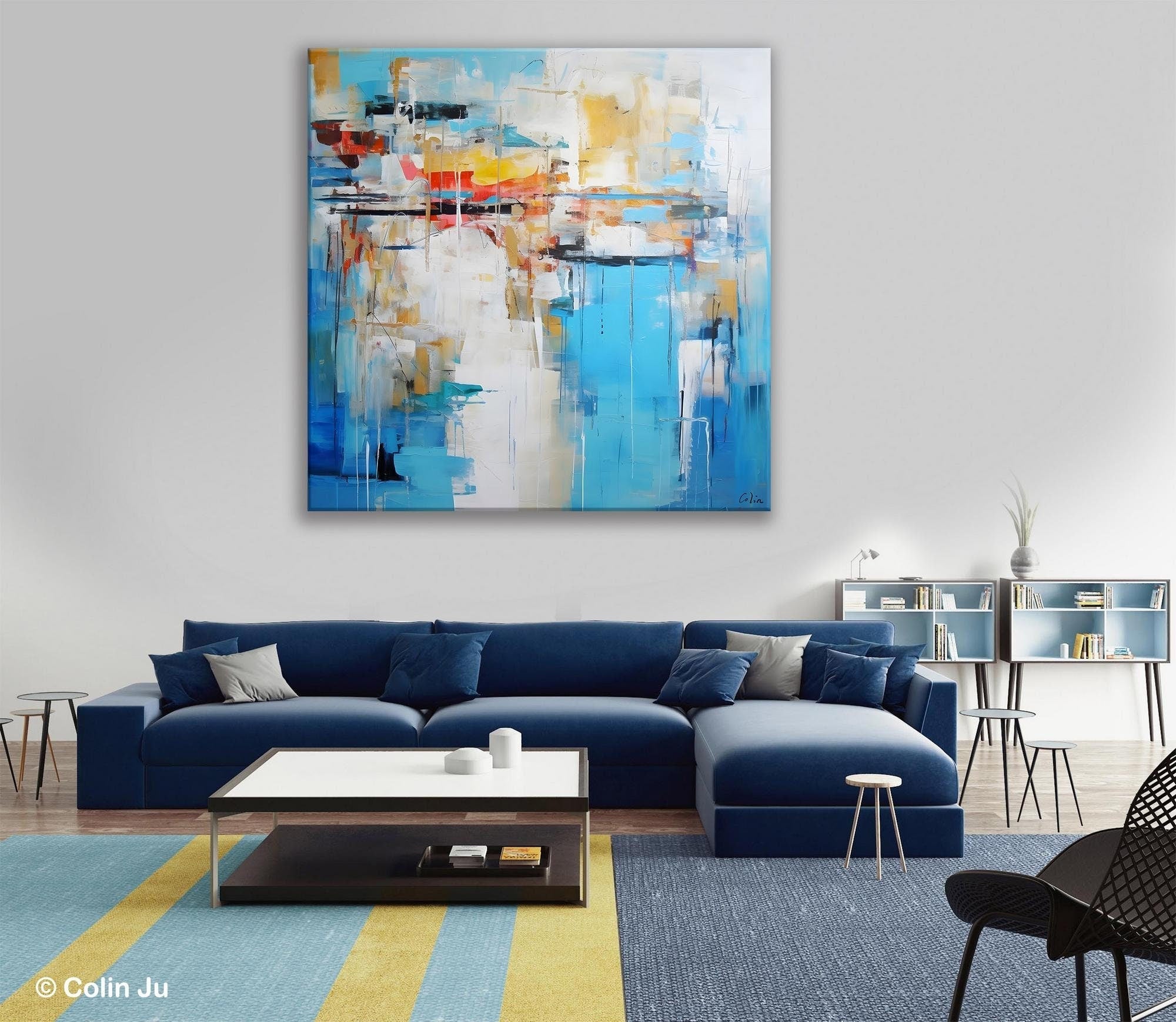 Blue Abstract Painting for Bedroom, Original Modern Wall Paintings, Contemporary Canvas Art, Modern Acrylic Artwork, Buy Paintings Online-Art Painting Canvas