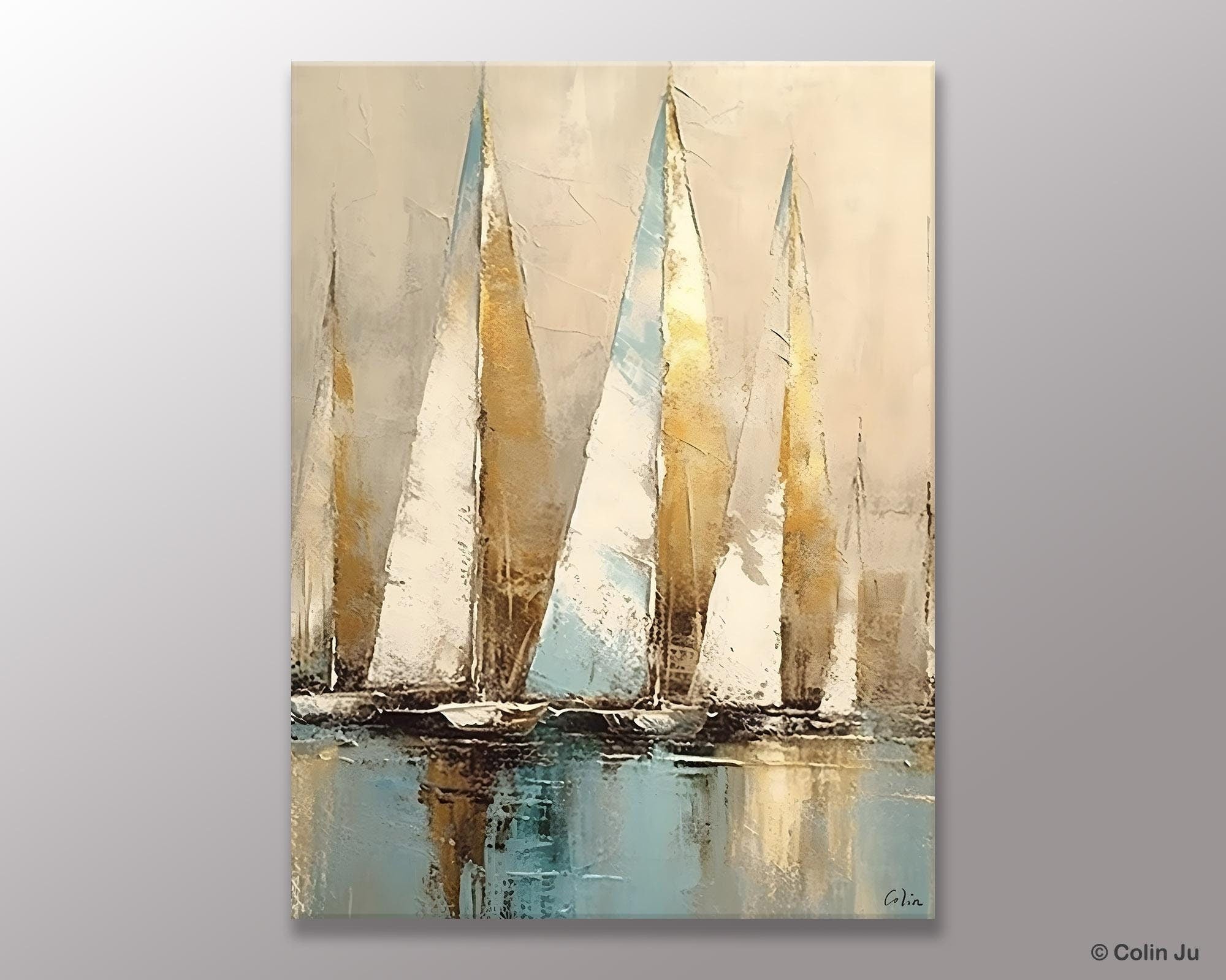 Sail Boat Abstract Painting, Landscape Canvas Paintings for Dining Room, Acrylic Painting on Canvas, Original Landscape Abstract Painting-Art Painting Canvas