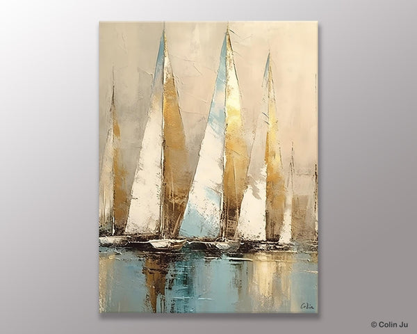 Sail Boat Abstract Painting, Landscape Canvas Paintings for Dining Room, Acrylic Painting on Canvas, Original Landscape Abstract Painting-Art Painting Canvas