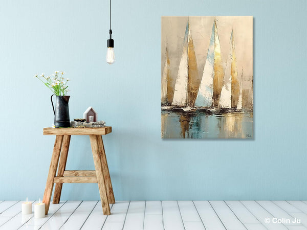 Sail Boat Abstract Painting, Landscape Canvas Paintings for Dining Room, Acrylic Painting on Canvas, Original Landscape Abstract Painting-Art Painting Canvas
