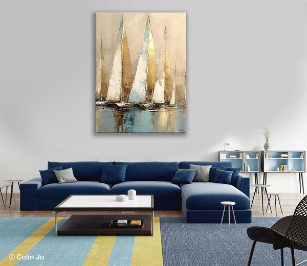 Sail Boat Abstract Painting, Landscape Canvas Paintings for Dining Room, Acrylic Painting on Canvas, Original Landscape Abstract Painting-Art Painting Canvas