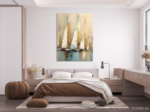 Sail Boat Abstract Painting, Landscape Canvas Paintings for Dining Room, Acrylic Painting on Canvas, Original Landscape Abstract Painting-Art Painting Canvas