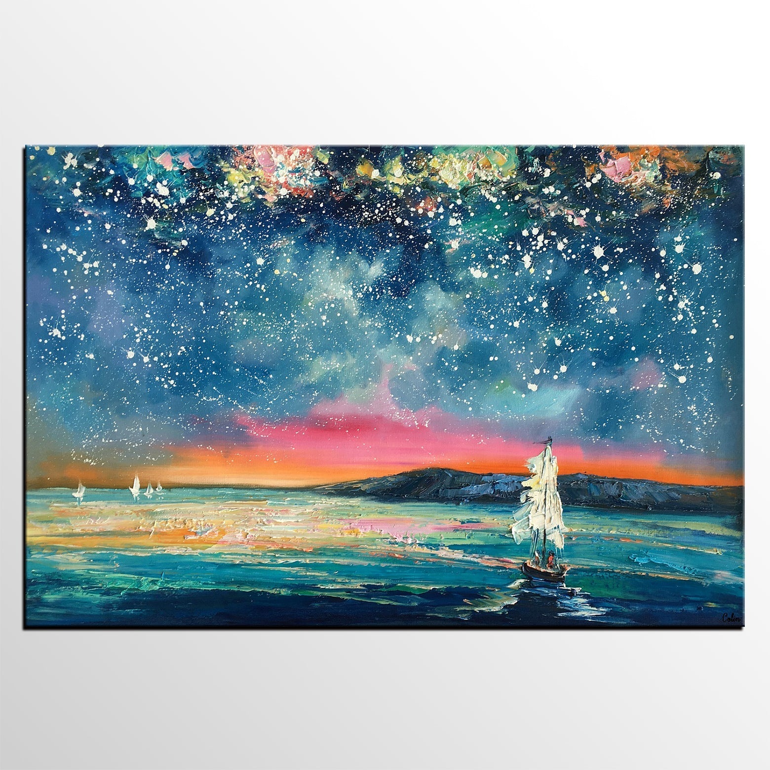 Landscape Oil Paintings, Sail Boat under Starry Night Sky Painting, Landscape Canvas Paintings, Custom Landscape Wall Art Paintings for Living Room-Art Painting Canvas