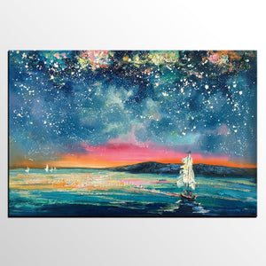 Landscape Oil Paintings, Sail Boat under Starry Night Sky Painting, Landscape Canvas Paintings, Custom Landscape Wall Art Paintings for Living Room-Art Painting Canvas
