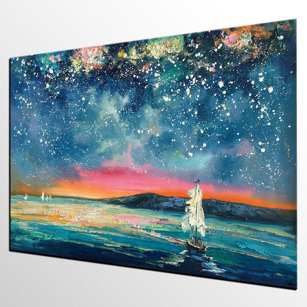 Landscape Oil Paintings, Sail Boat under Starry Night Sky Painting, Landscape Canvas Paintings, Custom Landscape Wall Art Paintings for Living Room-Art Painting Canvas
