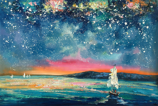 Landscape Oil Paintings, Sail Boat under Starry Night Sky Painting, Landscape Canvas Paintings, Custom Landscape Wall Art Paintings for Living Room-Art Painting Canvas