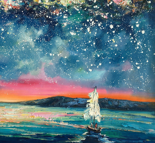 Landscape Oil Paintings, Sail Boat under Starry Night Sky Painting, Landscape Canvas Paintings, Custom Landscape Wall Art Paintings for Living Room-Art Painting Canvas
