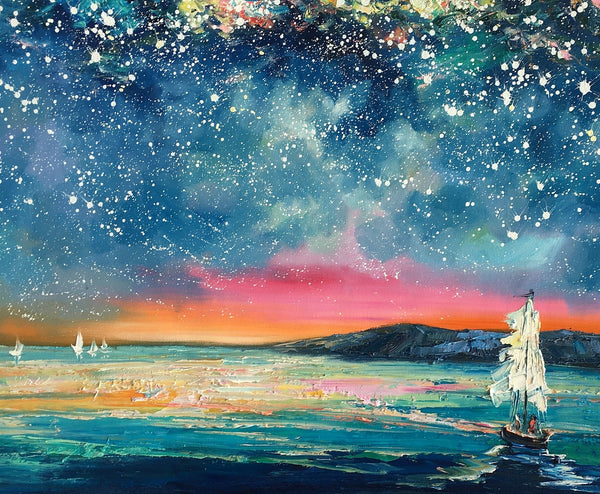 Landscape Oil Paintings, Sail Boat under Starry Night Sky Painting, Landscape Canvas Paintings, Custom Landscape Wall Art Paintings for Living Room-Art Painting Canvas