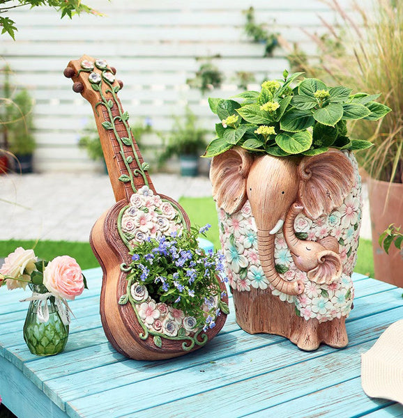 Modern Garden Flower Pot, Unique Guitar Flowerpot for Garden Ornaments, Beautiful Guitar Flowerpot, Villa Outdoor Decor Gardening Ideas-Art Painting Canvas