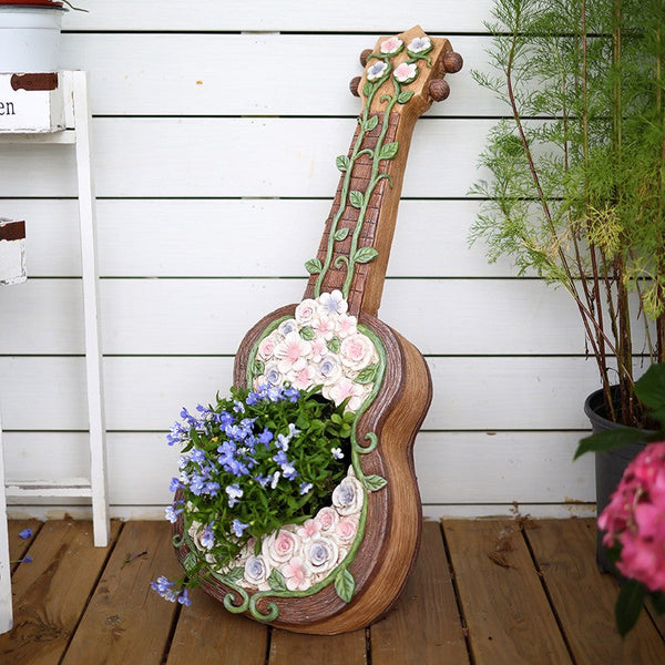 Modern Garden Flower Pot, Unique Guitar Flowerpot for Garden Ornaments, Beautiful Guitar Flowerpot, Villa Outdoor Decor Gardening Ideas-Art Painting Canvas