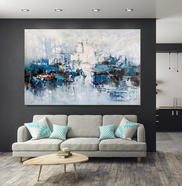 Large Wall Art Paintings Behind Sofa, Acrylic Paintings on Canvas, Acrylic Painting for Bedroom, Blue Modern Paintings, Heavy Texture Canvas Art-Art Painting Canvas