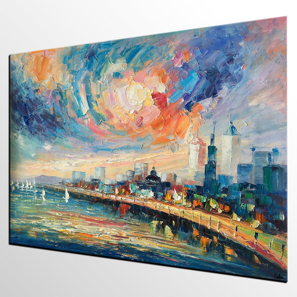 Abstract Landscape Painting, Original Oil Painting on Canvas, Custom Cityscape Painting, Palette Knife Painting-Art Painting Canvas