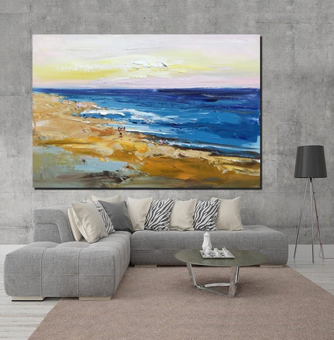 Large Paintings Behind Sofa, Landscape Painting for Living Room, Acrylic Paintings on Canvas, Heavy Texture Painting, Seashore Beach Painting-Art Painting Canvas