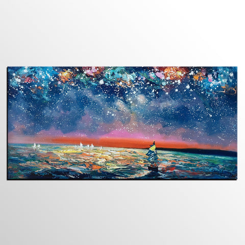Bedroom Canvas Art, Landscape Painting, Boat under Starry Night Sky Painting, Custom Large Painting-Art Painting Canvas