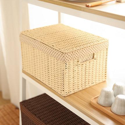 Storage Basket, Deep Brown / Cream Color Woven Straw basket with Cover, Rectangle Basket-Art Painting Canvas