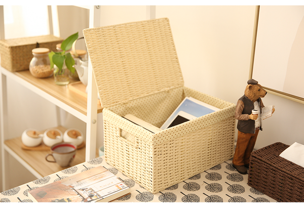Storage Basket, Deep Brown / Cream Color Woven Straw basket with Cover, Rectangle Basket-Art Painting Canvas