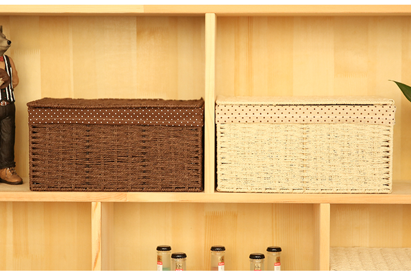 Storage Basket, Deep Brown / Cream Color Woven Straw basket with Cover, Rectangle Basket-Art Painting Canvas