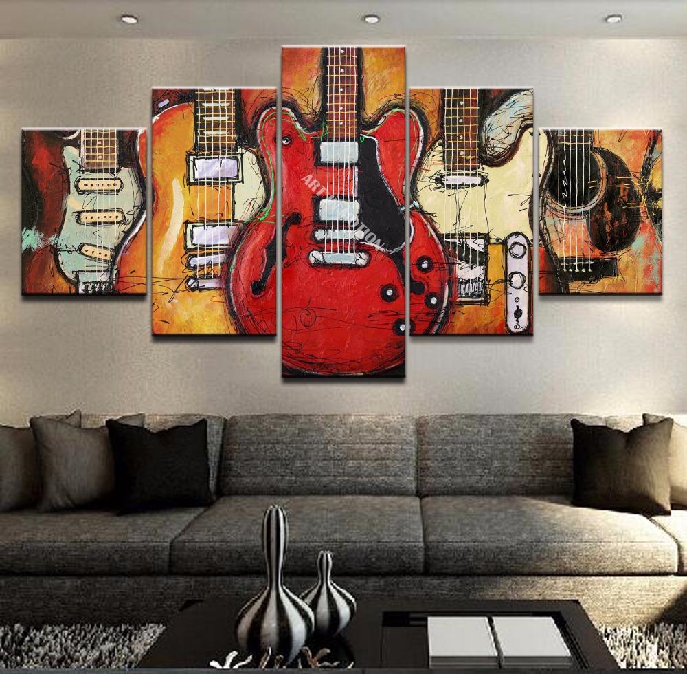 5 Piece Abstract Painting, Guitar Painting, Large Paintings for Living Room, Modern Abstract Painting, Musical Instrument Painting-Art Painting Canvas