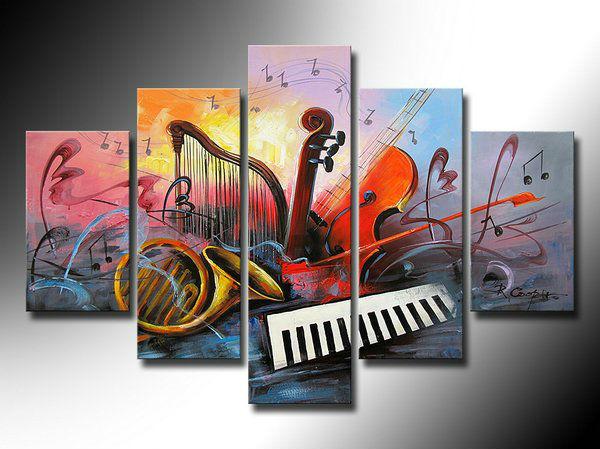 Music Painting, Modern Paintings for Living Room, Abstract Acrylic Painting, Violin, Saxophone, Harp, 5 Piece Abstract Wall Art Paintings-Art Painting Canvas