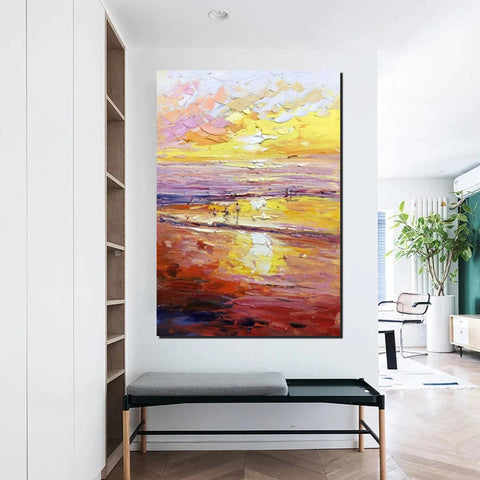 Canvas Paintings for Bedroom, Large Paintings on Canvas, Landscape Painting for Living Room, Sunrise Seashore Painting, Heavy Texture Paintings-Art Painting Canvas
