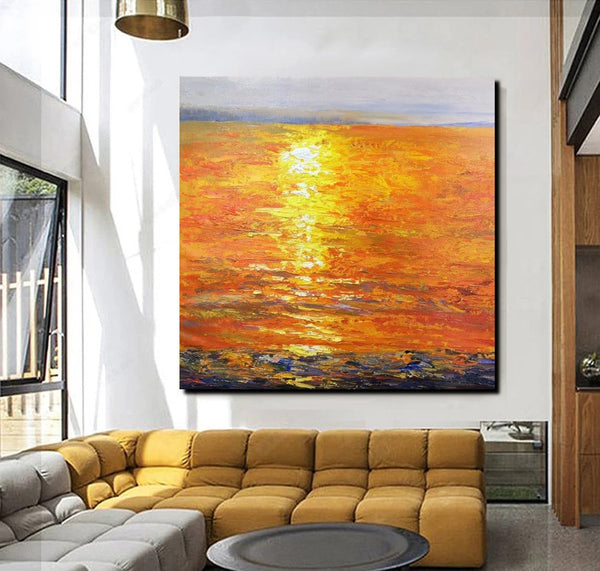 Landscape Acrylic Paintings, Sunrise Seascape Painting, Modern Wall Art Paintings, Heavy Texture Painting, Large Painting Behind Sofa-Art Painting Canvas