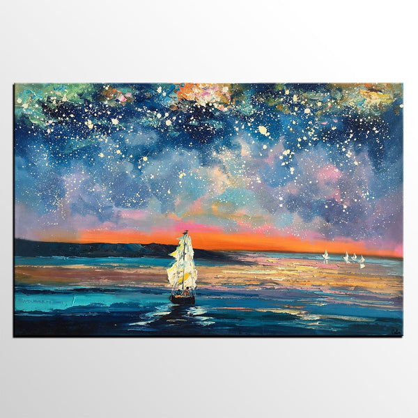 Landscape Canvas Painting, Large Canvas Wall Art, Starry Night Sky Painting, Custom Canvas Painting for Bedroom-Art Painting Canvas