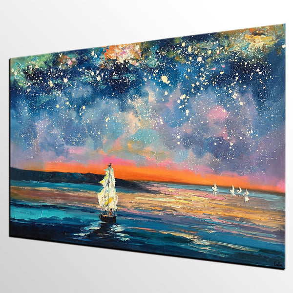 Landscape Canvas Painting, Large Canvas Wall Art, Starry Night Sky Painting, Custom Canvas Painting for Bedroom-Art Painting Canvas