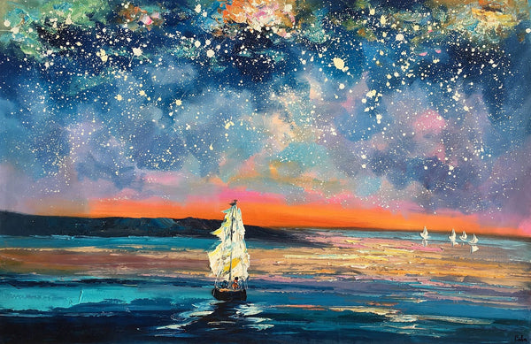 Landscape Canvas Painting, Large Canvas Wall Art, Starry Night Sky Painting, Custom Canvas Painting for Bedroom-Art Painting Canvas
