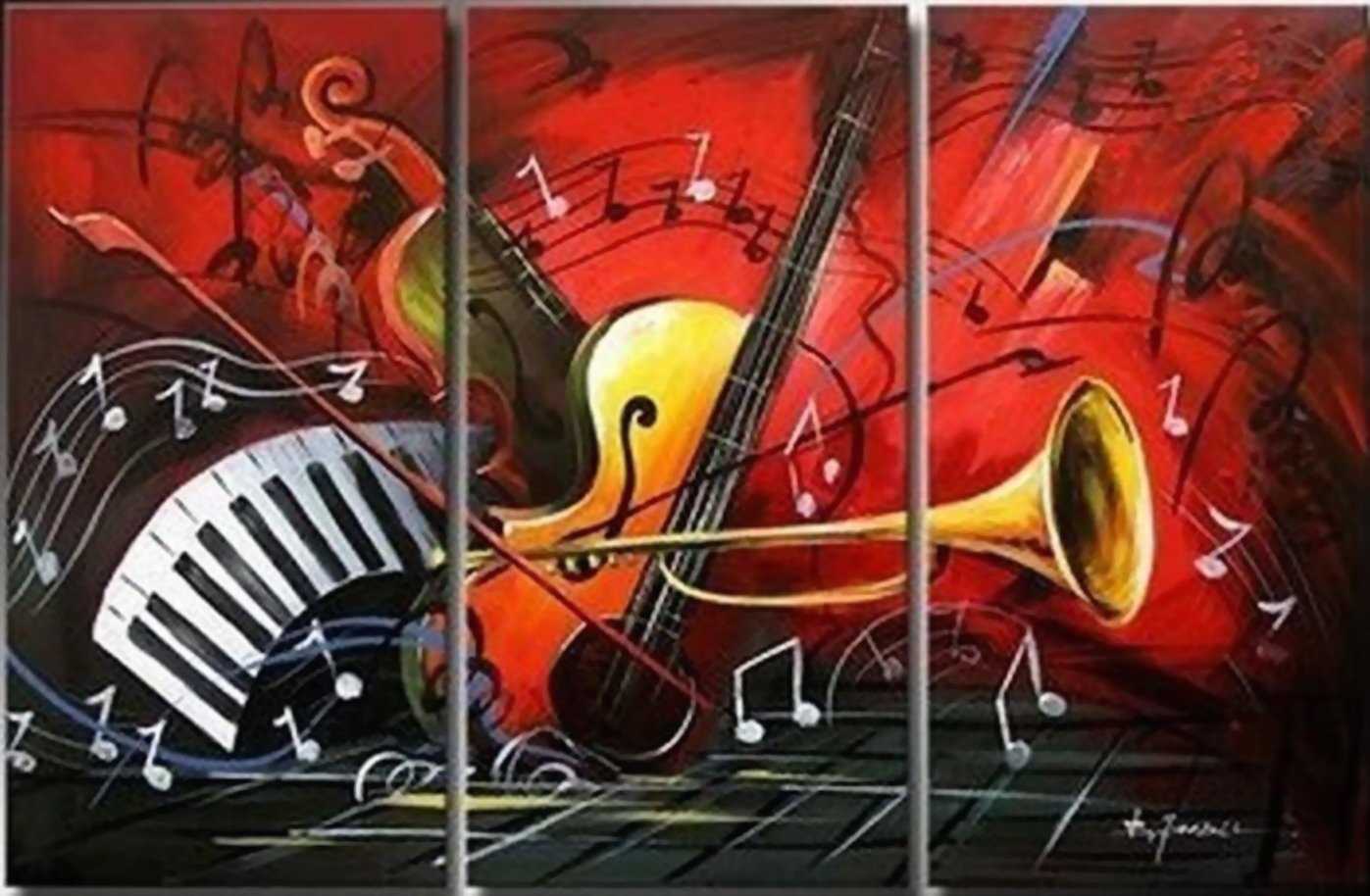 Abstract Art Red Painting, Bedroom Wall Art, Violin Horn Guitar Music Theme, Extra Large Art