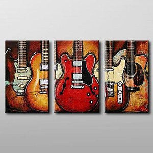 Modern Abstract Painting, 3 Piece Canvas Art, Red Abstract Painting, Electric Guitar Painting, Canvas Painting for Living Room-Art Painting Canvas