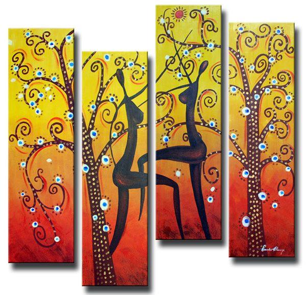 Tree of Life Painting, African Girl Painting, 4 Piece Canvas Paintings, Abstract Figure Art, Abstract Wall Art Paintings-Art Painting Canvas