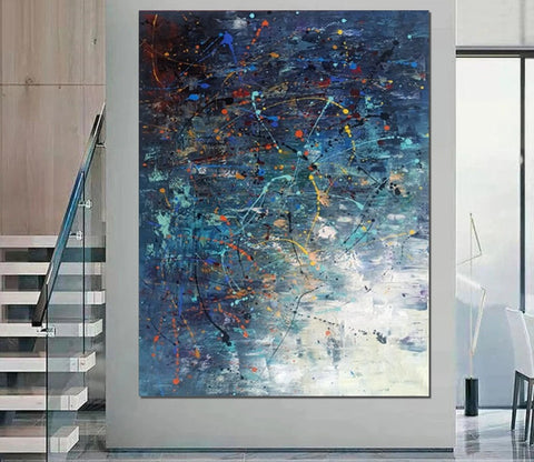 Extra Large Paintings for Living Room, Hand Painted Wall Art Paintings, Blue Abstract Acrylic Painting, Modern Abstract Art for Dining Room-Art Painting Canvas