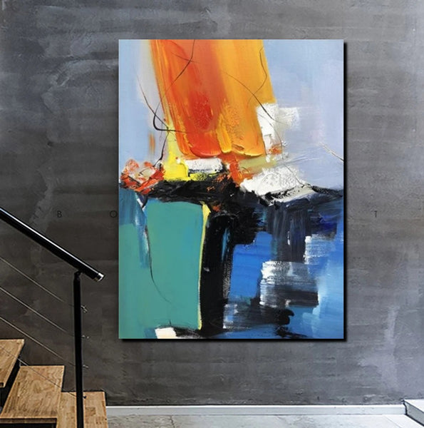 Acrylic Paintings on Canvas, Large Paintings Behind Sofa, Abstract Painting for Living Room, Blue Modern Paintings, Palette Knife Paintings-Art Painting Canvas