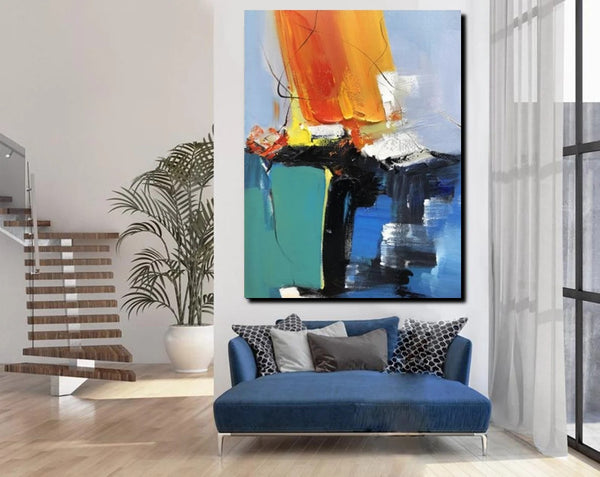 Acrylic Paintings on Canvas, Large Paintings Behind Sofa, Abstract Painting for Living Room, Blue Modern Paintings, Palette Knife Paintings-Art Painting Canvas