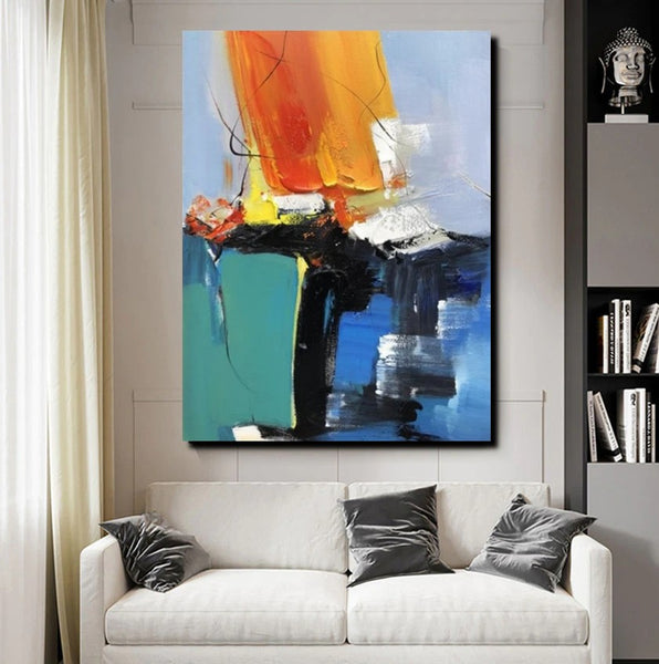 Acrylic Paintings on Canvas, Large Paintings Behind Sofa, Abstract Painting for Living Room, Blue Modern Paintings, Palette Knife Paintings-Art Painting Canvas