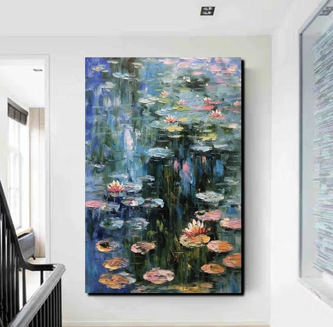 Large Paintings on Canvas, Canvas Paintings for Bedroom, Landscape Painting for Living Room, Water Lily Paintings, Heavy Texture Paintings-Art Painting Canvas