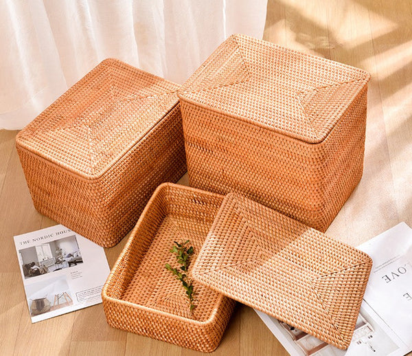 Woven Rattan Baskets, Rectangular Basket with Lid, Rectangular Storage Baskets, Storage Basket for Bedroom, Kitchen Storage Baskets-Art Painting Canvas