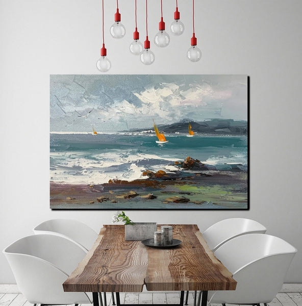 Large Paintings on Canvas, Canvas Paintings Behind Sofa, Landscape Painting for Living Room, Sail Boat at Sea Paintings, Heavy Texture Paintings-Art Painting Canvas